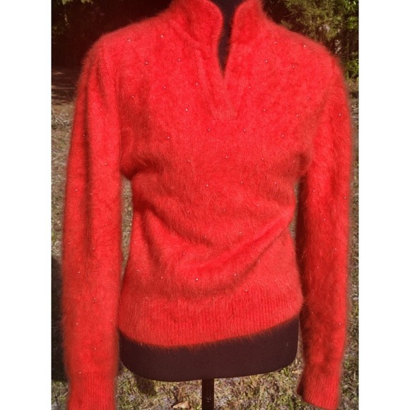 Sweaters - ANGORA Vtg TOMATO RED SWEATER Soft Bead Puff Sleeve Pullover Hi Neck Top M 38